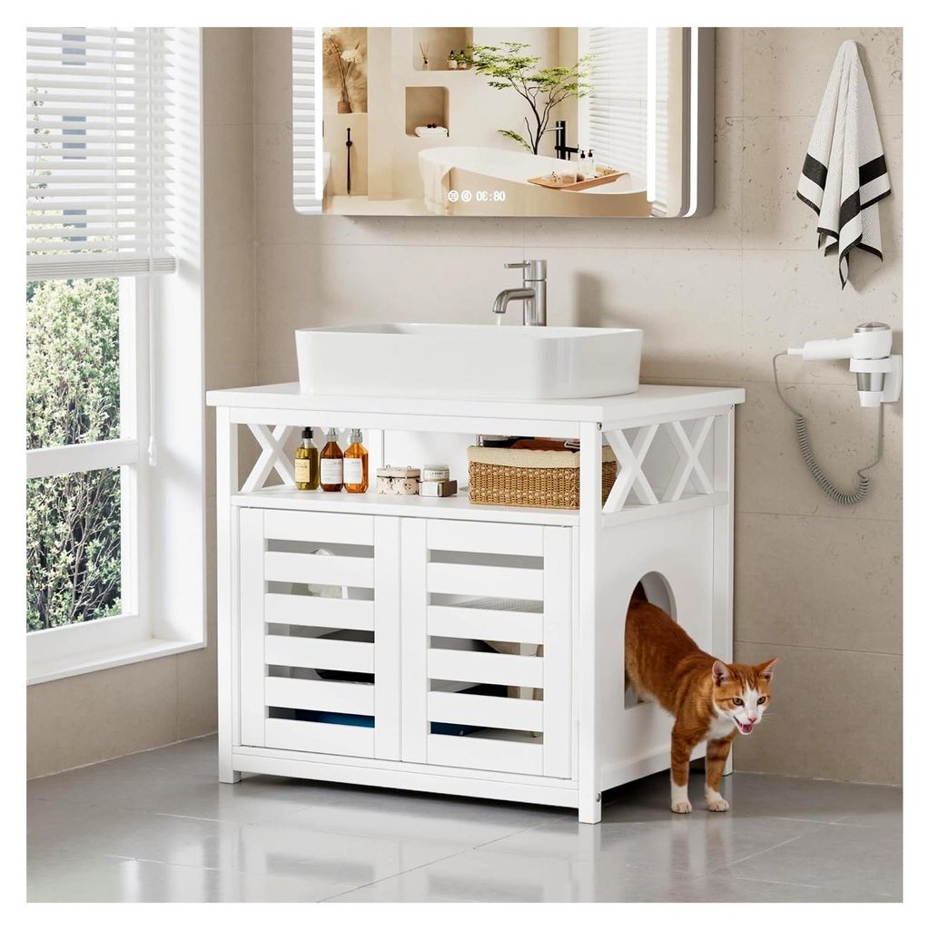 2-in-1 Katzenschrank für Katzenklo und Waschbeckenunterschrank, Katzenmöbel, Katzenschrank für Katzentoilette mit 2 Türen, 65x45x60cm, Keramiks...