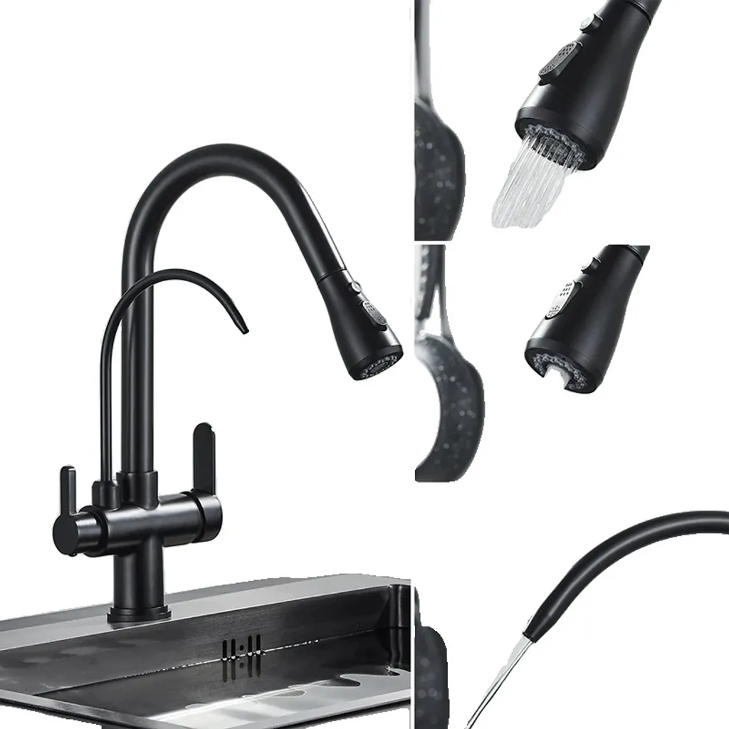 Robinet cuisine filtrant noir mat pour eau potable et rinçage