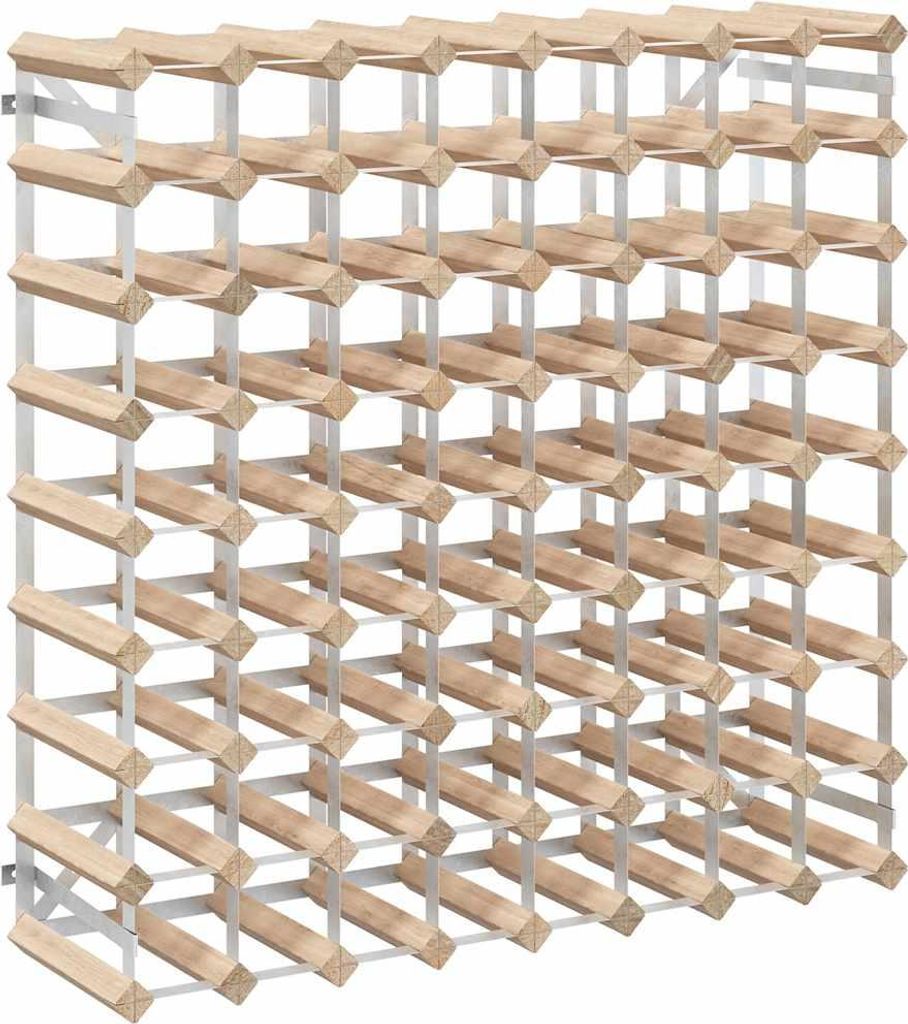 A wooden wine rack with metal supports, designed to hold multiple bottles.