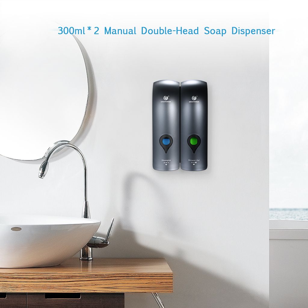 CHUANGDIAN 300ml * 2 NO Bohren Wandmontage Doppelkopf Manuelle Seifenspender Bad Duschgel Fluessiges Shampoo Spender Halter