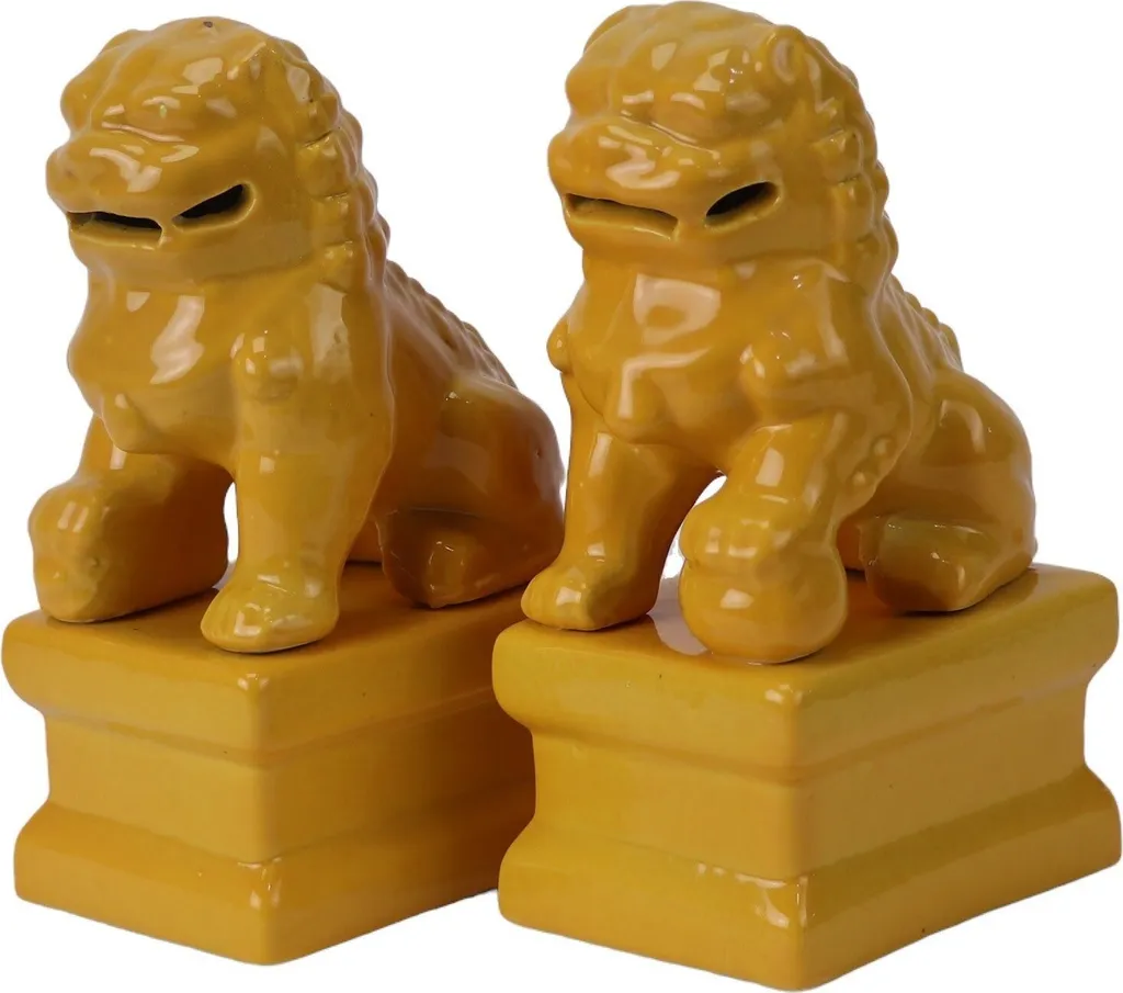 Gardiens du Temple en Porcelaine Jaune 15cm Lions de Fu Artisanaux Set/2