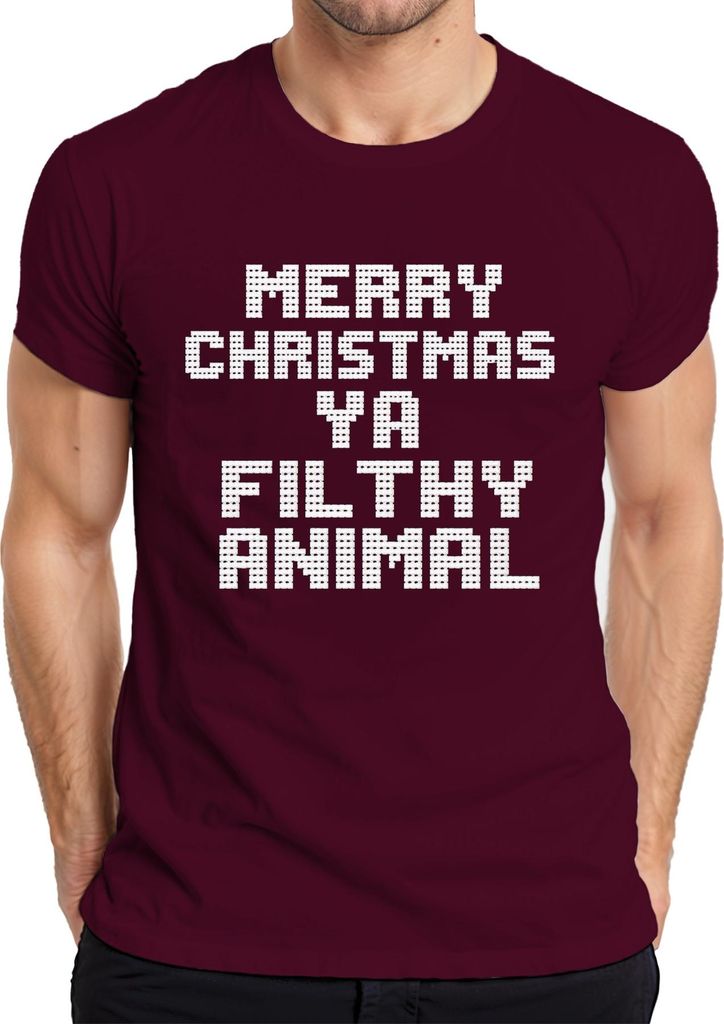 Merry Christmas Ya Filthy Animal Weihnachten Filmzitat Kultspruch Herren T-Shirt, Burgundy, L
