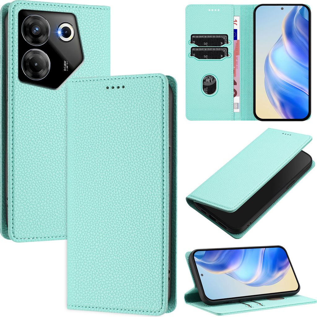 Litchi Leder Handyhülle für Tecno Camon 20 Pro 5G Wallet Kartenfächer Standfunktion Hülle Türkis