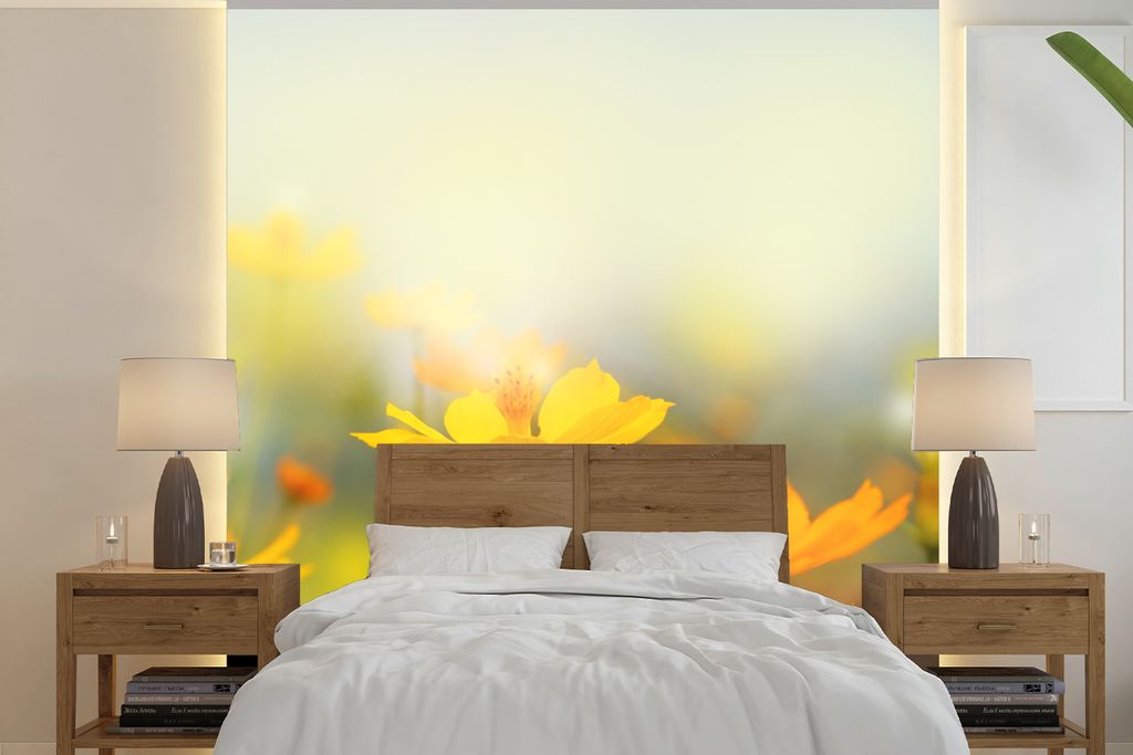 MuchoWow Fototapete für Wohnzimmer oder Schlafzimmer Wandtapete Vinyl Motivtapete Blumen - Landschaft - Gelb - 350x350 cm - Schlafzimmertapete