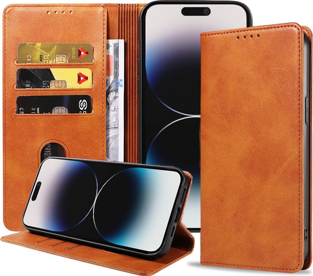 Smartphonica iPhone 14 Pro Max Kunstledertasche mit Magnetverschluss und Kartenhaltern Buchhülle - Braun