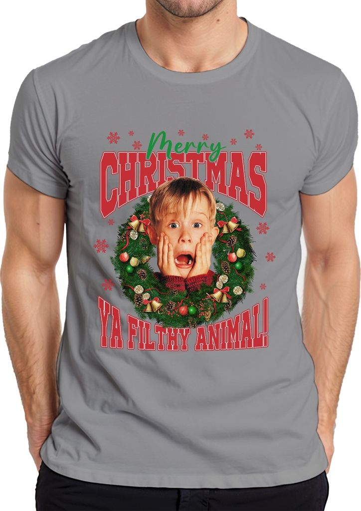 Merry Christmas Ya Filthy Animal Kevin McCallister - Home Alone Weihnachten Xmas Herren T-Shirt, Grau, S