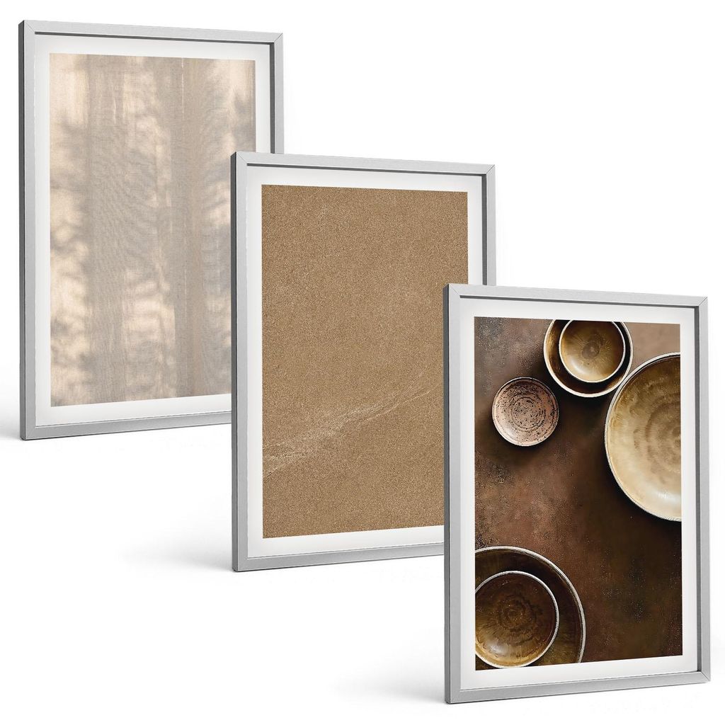 Bilder Set 3-teilig im silbergerahmten Rahmen – Wandbilder 3 Stück – gerahmte Poster für Wohnzimmer, Schlafzimmer und Flur – 40x60 cm – M...