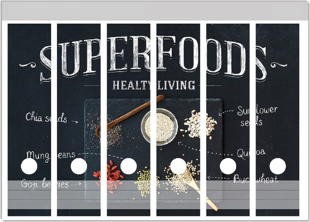 Wallario Ordnerrücken Sticker, selbstklebend für breite Ordner, 6 Stück, Motiv Superfoods auf einer Schieferplatte - Gesunde Ernährung