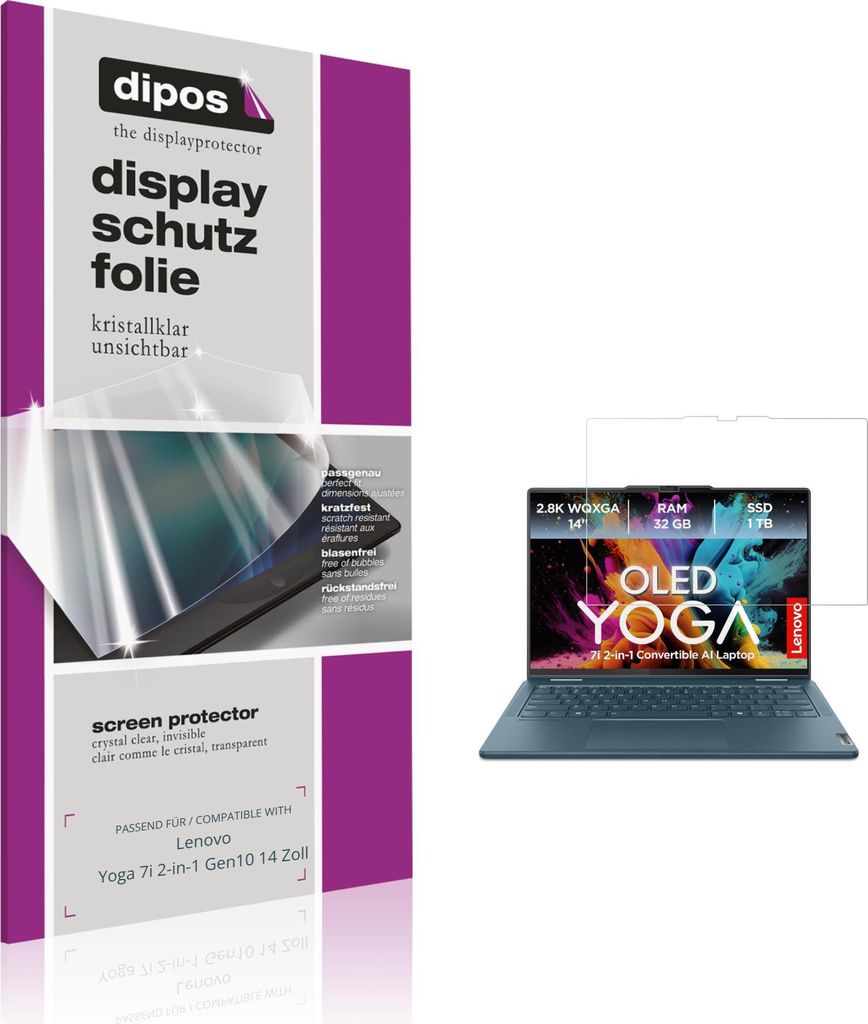 2x Schutzfolie für Lenovo Yoga 7i 2-in-1 Gen10 14 Zoll klar Displayschutzfolie Folie Display Schutz dipos