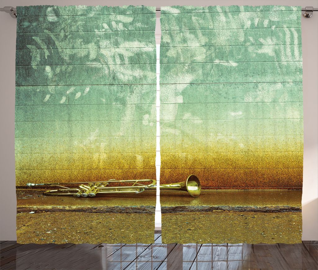 ABAKUHAUS Jazz Rustikaler Vorhang, Alte getragene Trompete Grungy, Wohnzimmer Universalband Gardinen mit Schlaufen und Haken, 280 x 225 cm, Blaugr...