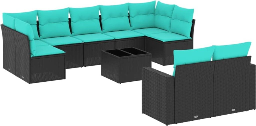 10-tlg. Garten-Sofagarnitur mit Kissen Schwarz Poly Rattan