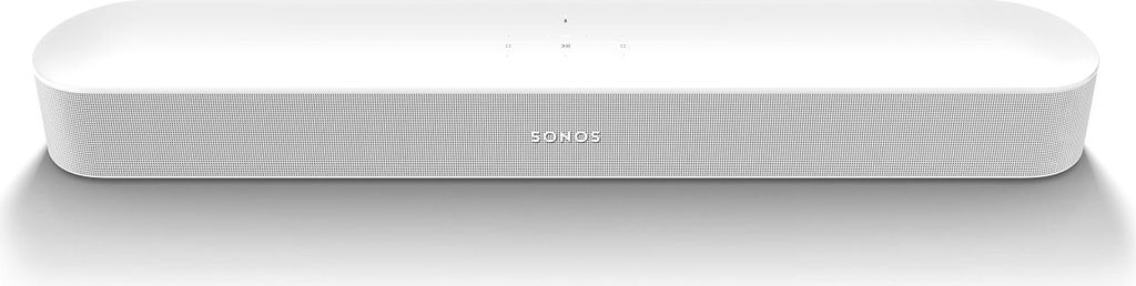A white Sonos Beam Gen 2 soundbar is shown from a front-facing, slightly elevated angle against a white background.