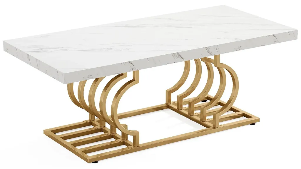 Table basse blanche aspect marbre 120 cm avec piètement géométrique - 11