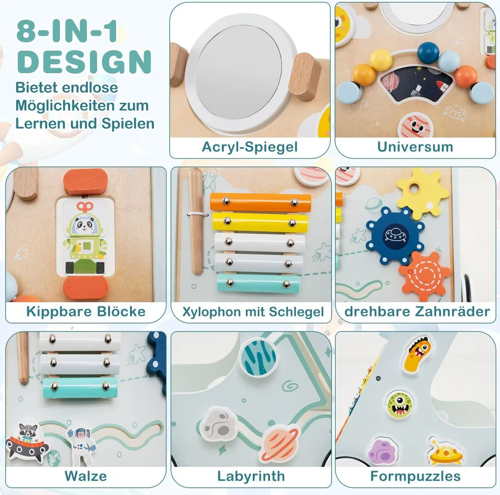 Chariot de marche bébé en bois - Centre d'éveil multi-activités éducatif