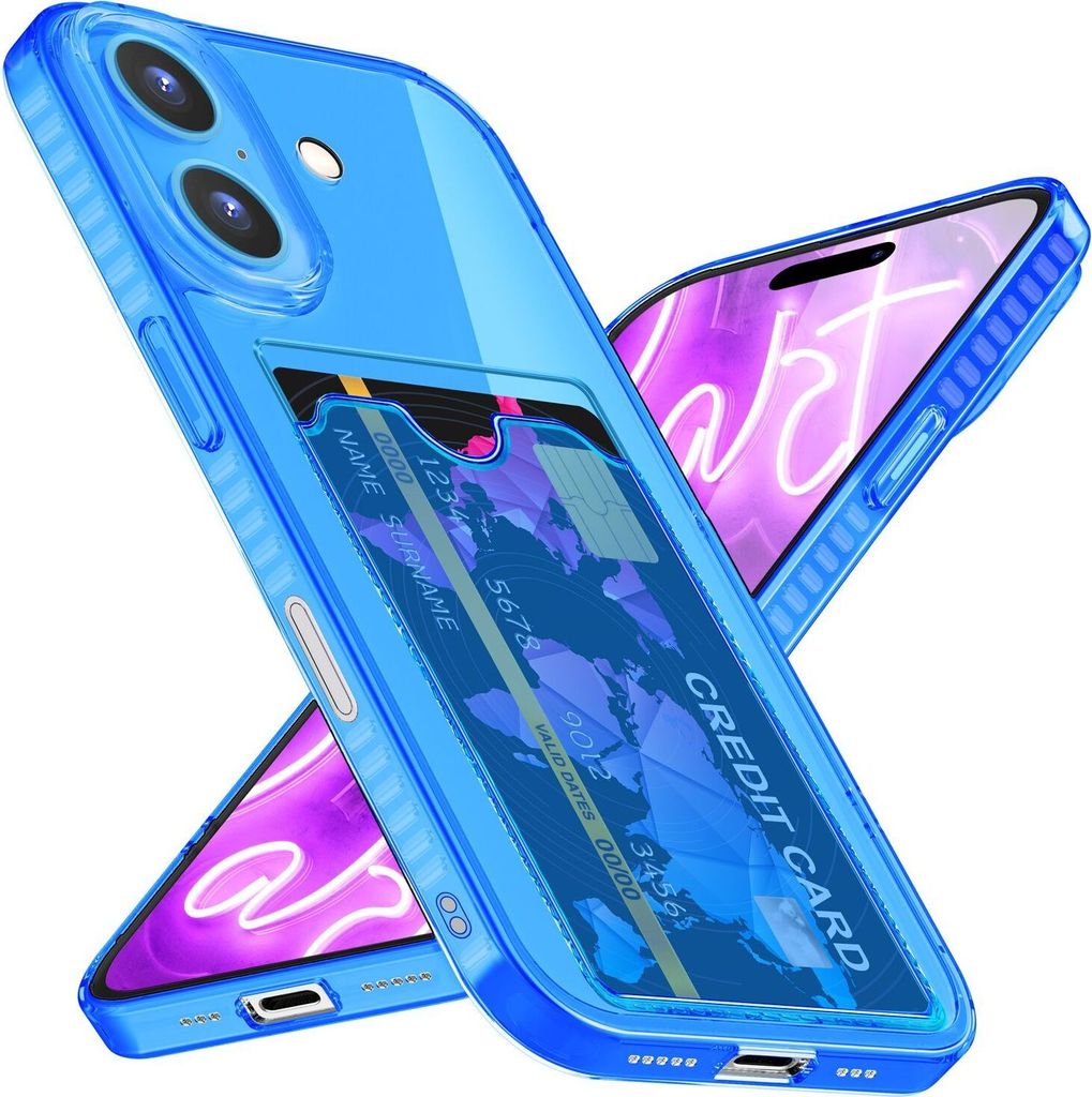 NALIA Neon Silikonhülle für iPhone 16 Plus – Kartenfach & Knallige Signal-Farbe – CARDPOP (Anti-Shock Handyhülle) – Marke aus Berlin – Blau