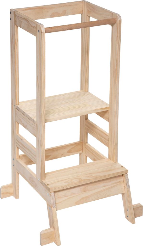 A wooden step stool for children.
