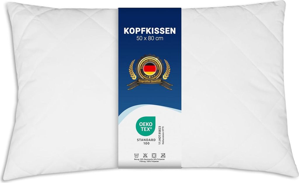 ZOLLNER Komfortables Kopfkissen - 50x80 cm mit Reißverschluss – Individuell anpassbare Füllung aus Synthetikfasern bis 95°C waschbar Bezug