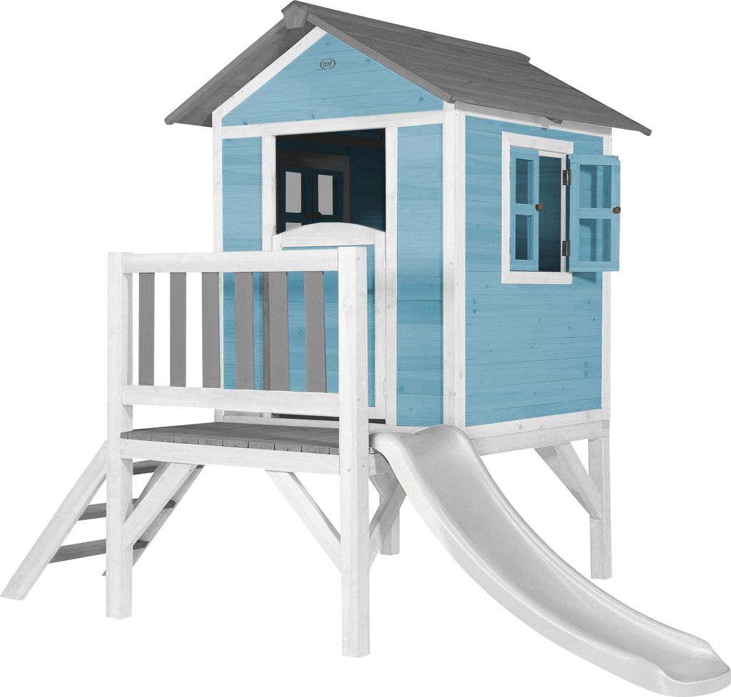 AXI Spielhaus Beach Lodge XL in Blau mit Rutsche in Weiß | Stelzenhaus aus Holz für Kinder | Kleiner Spielturm für den Garten