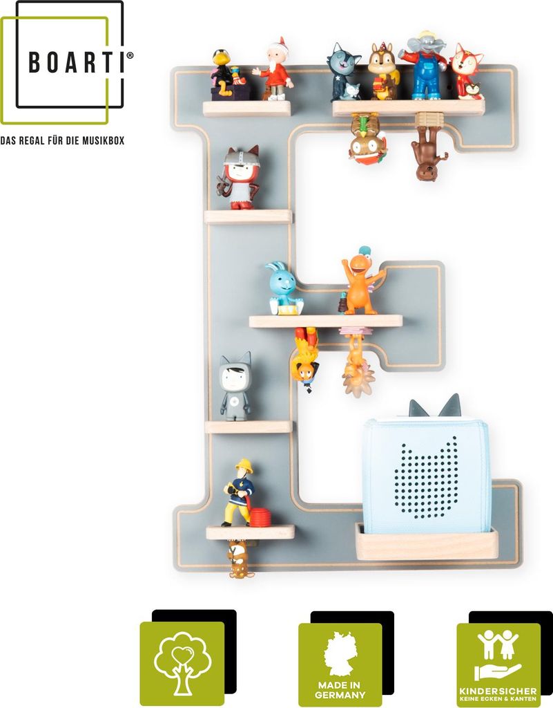 BOARTI Kinderregal Buchstabe E | hängend für Toniebox und Tonie Figuren | platzsparendes Regal | H. 54 x B. 38 x T. 19 | Wandregal Musikbox und F...