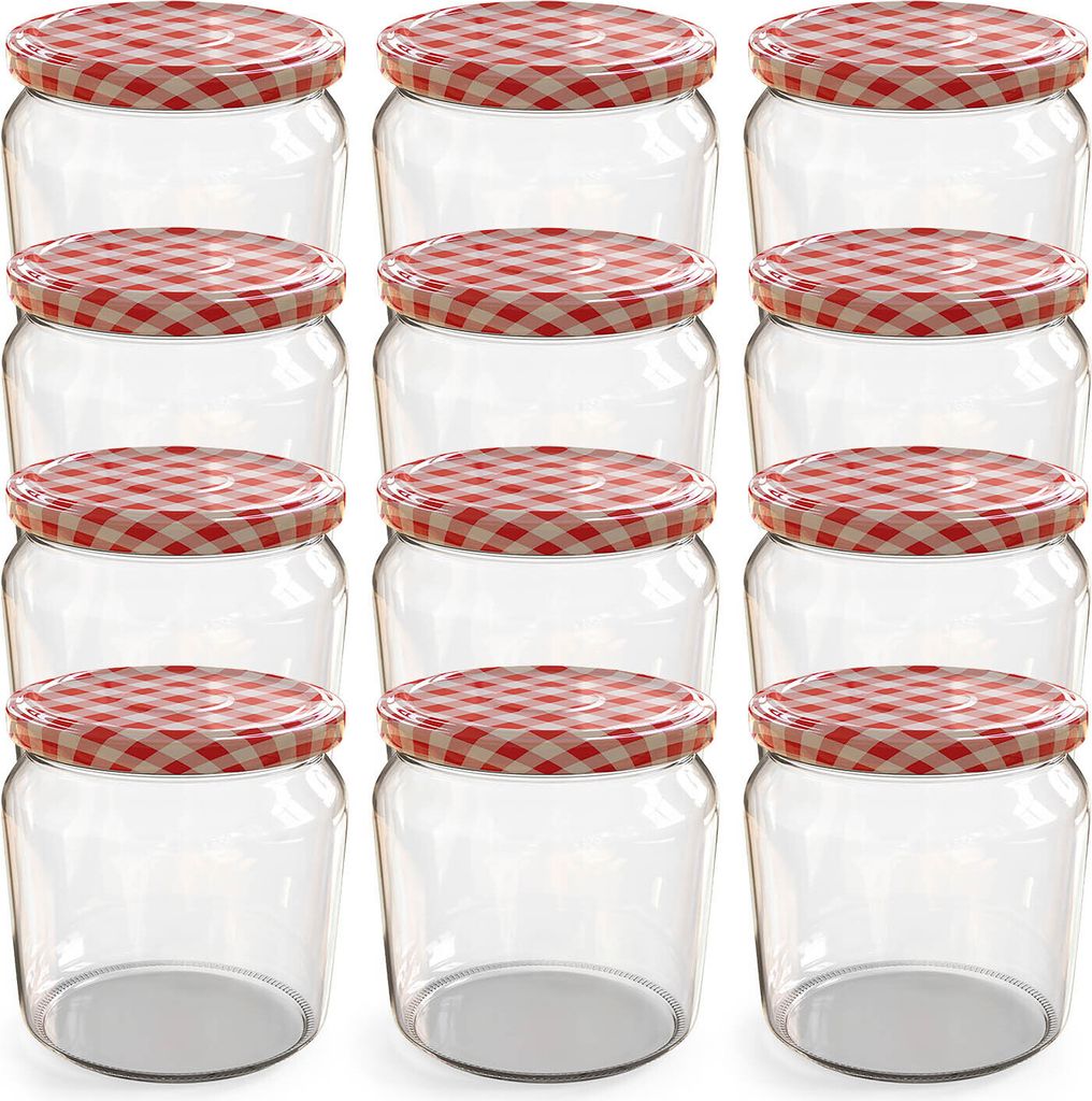 A grid of empty glass jars with red and white checkered lids.