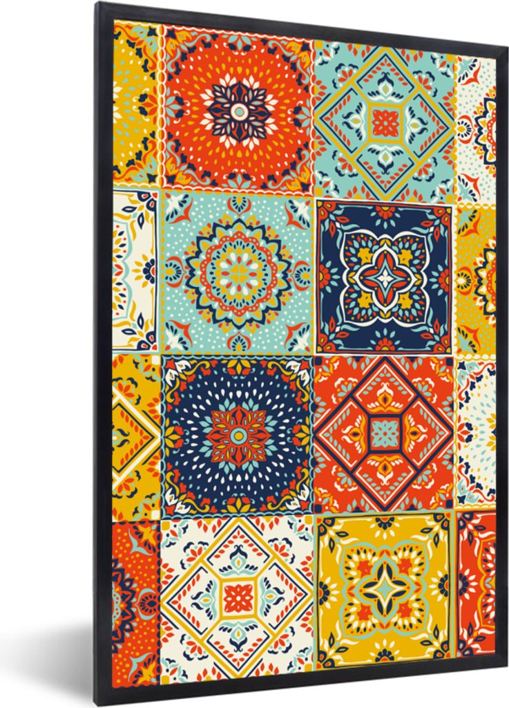 MuchoWow Gerahmtes Poster Vintage - Blumen - Muster - Weiß - Orange 20x30 cm - Poster mit Schwarzem Bilderrahmen Wandposter Rahmen Foto Bilder -...