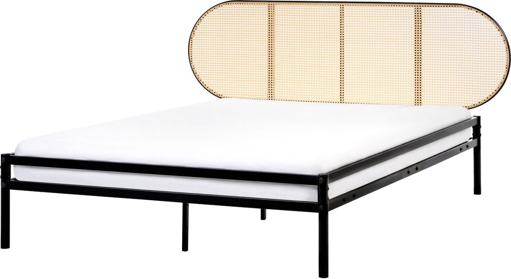 BELIANI Bett Schwarz Metall mit Lattenrost 140x200 cm Hohes Kopfteil Wiener-Geflecht Hoher Einstieg Ohne Fußteil Metallbett Doppelbett Bettrahmen