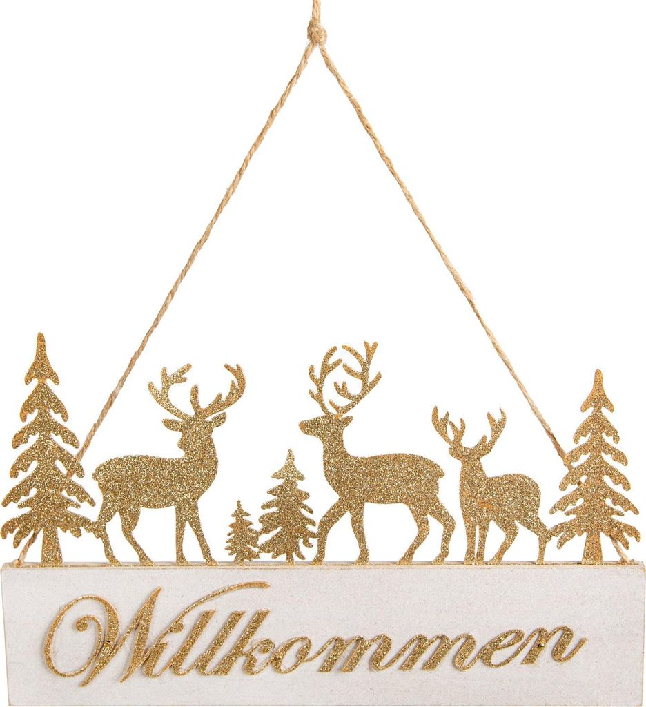 Weihnachten "Willkommen" Türschild aus Metall weiß gold 28 x 17 x 0,5 cm