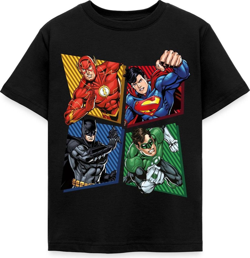 Spreadshirt DC Comics Justice League Superhelden Kinder T-Shirt, 122/128 (7-8 Jahre), Schwarz
