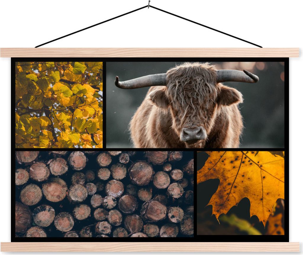 MuchoWow Textilposter Schottisches Hochlandrind - Collage - Orange - Holz 60x40 cm mit holzfarbenen Rahmen - Bilder