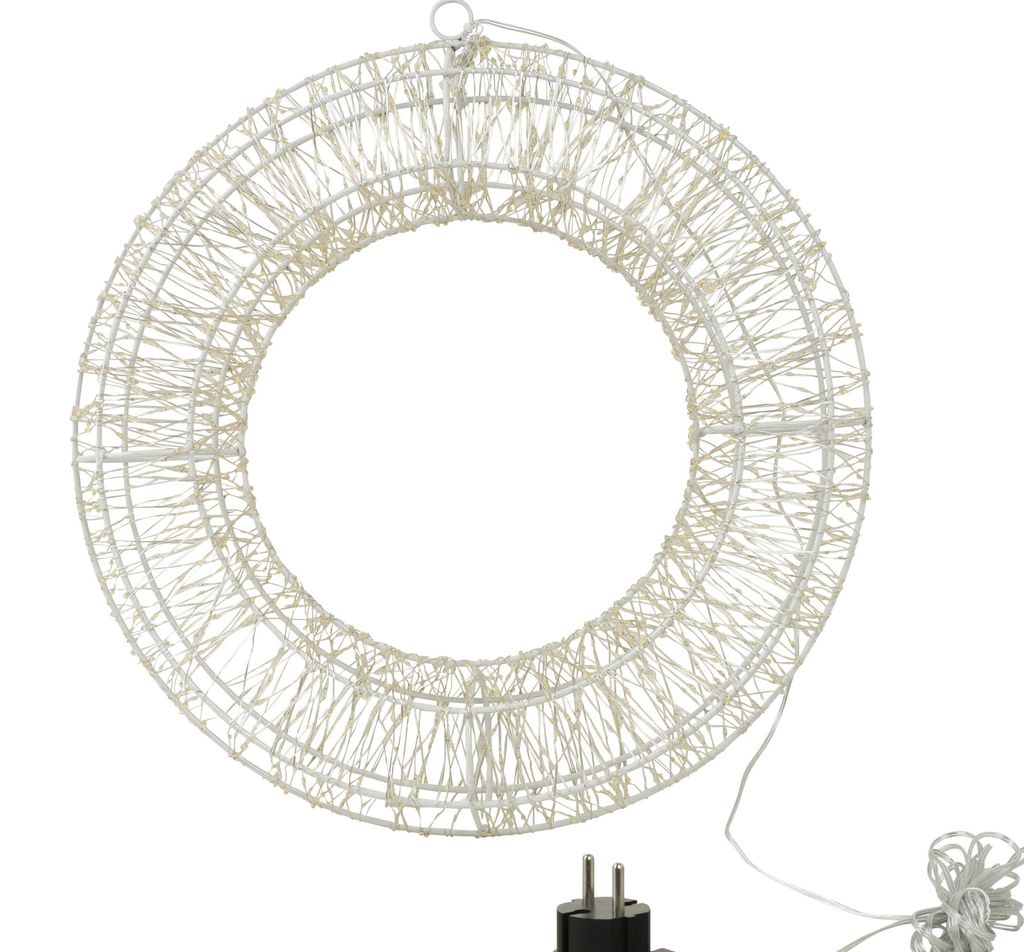 A white wire wreath with lights and a plug.