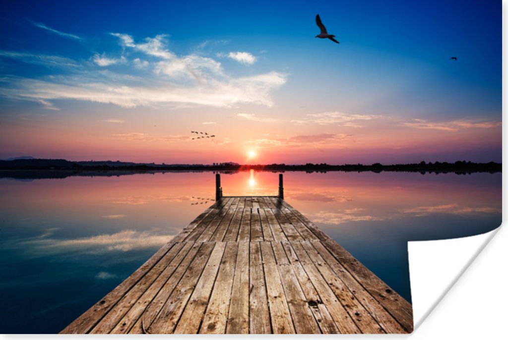 MuchoWow Poster Steg - Wasser - Sonnenuntergang - Rosa - Horizont 120x80 cm - Bilder