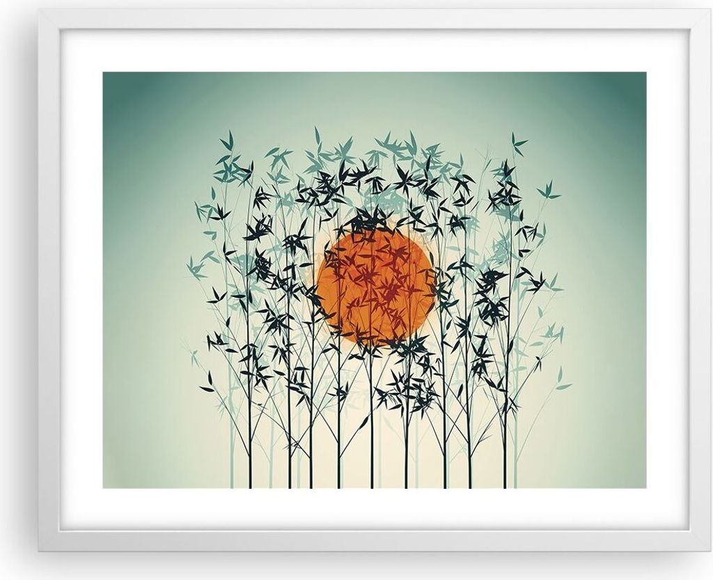 Gerahmtes Poster - Weißer Rahmen - Westen Sonne Gras - 50x40 cm - Wand Bild - Wanddeko - Wandbilder - Kunstposter - Wandposter - Bilderrahmen - Bi...