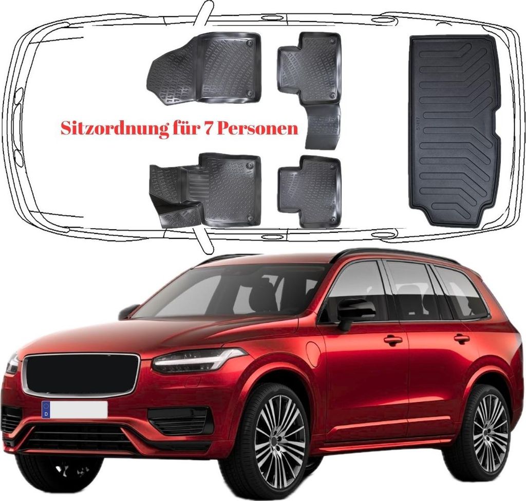 3D Auto Fußmatten & 7 Sitzer Kofferraumwanne Set Kompatibel mit VOLVO XC90 2.Gen Benzin / Diesel ab 2015