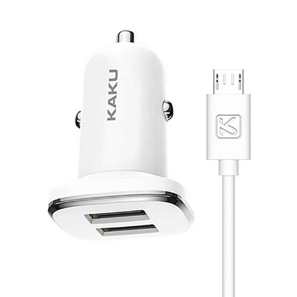 Kaku 2.4A 2x USB + Micro-USB Ladekabel Dual Port Ladegerät KFZ kompatibel mit Smartphones weiß