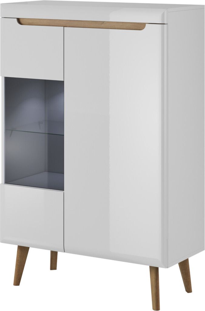 Vitrine Vitrinenschrank Beistellschrank NORDIC 05 weiß hochglanz / eiche riviera