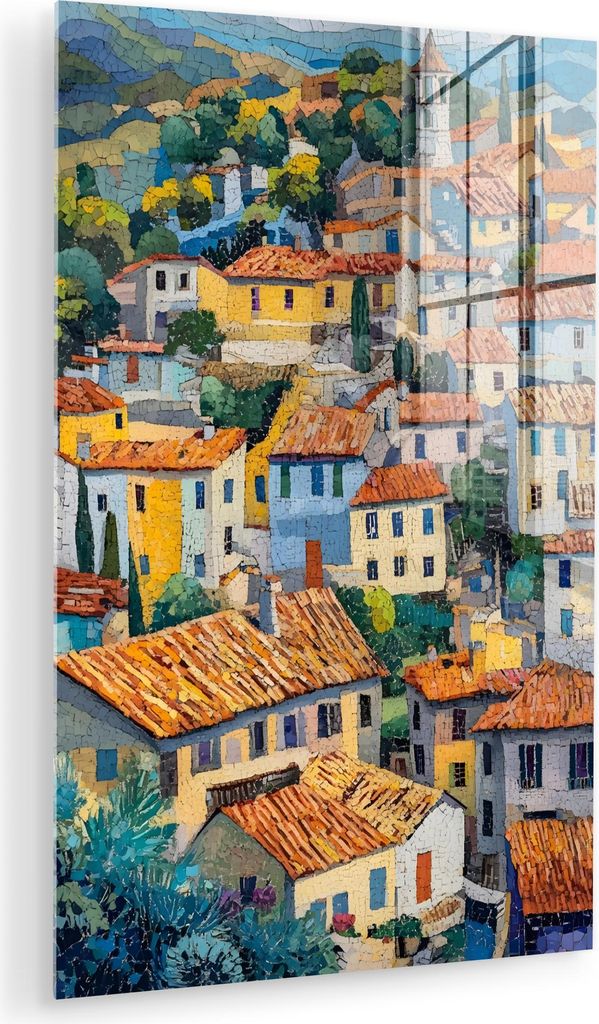 MuchoWow Glasbilder - Bilder auf Wandbild - Foto auf Glas Dorf - Hügel - Landschaft - Bäume 60x90 cm Wanddekoration aus Glas - Acrylglasbild - Ac...