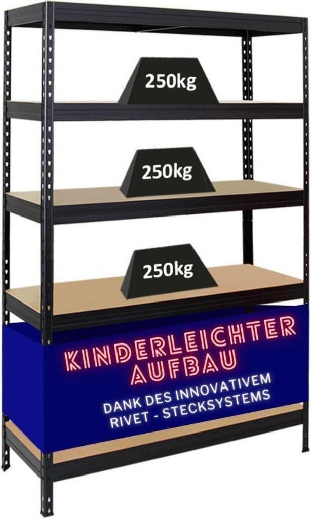 Schwerlastregal Rivet | HxBxT 180x120x45 cm | Fachlast 250kg | Innovatives Stecksystem | Schwarz
