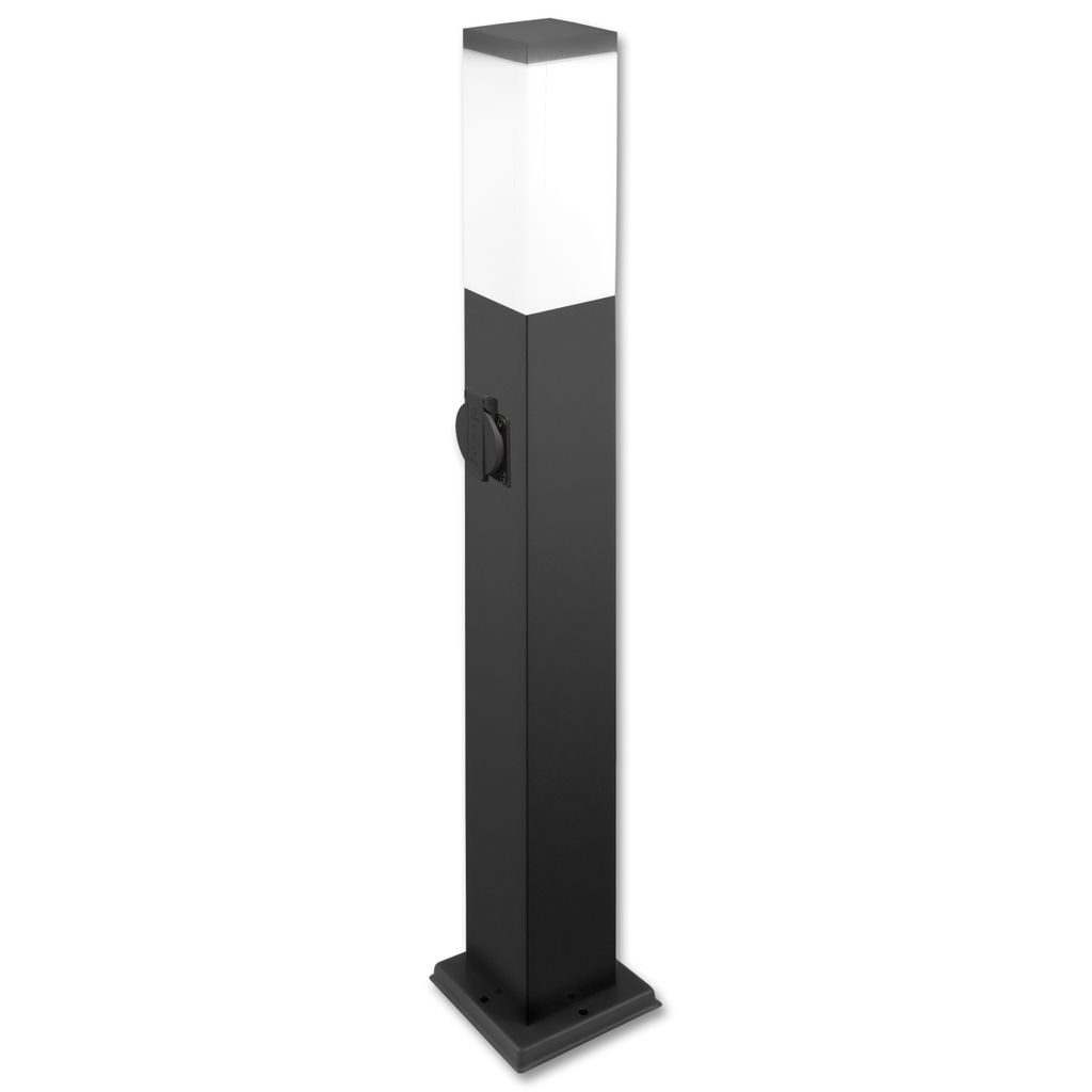A black outdoor bollard light with a white frosted top, set against a white background.