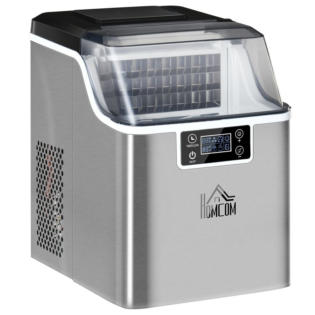 Eiswürfelautomat, 20 kg/24h 2,3 L, mit 3,2 L Wassetank, automatisches Reinigungsprogramm, Edelstahl, 25,2 x 36 x 37,1 cm, Silber