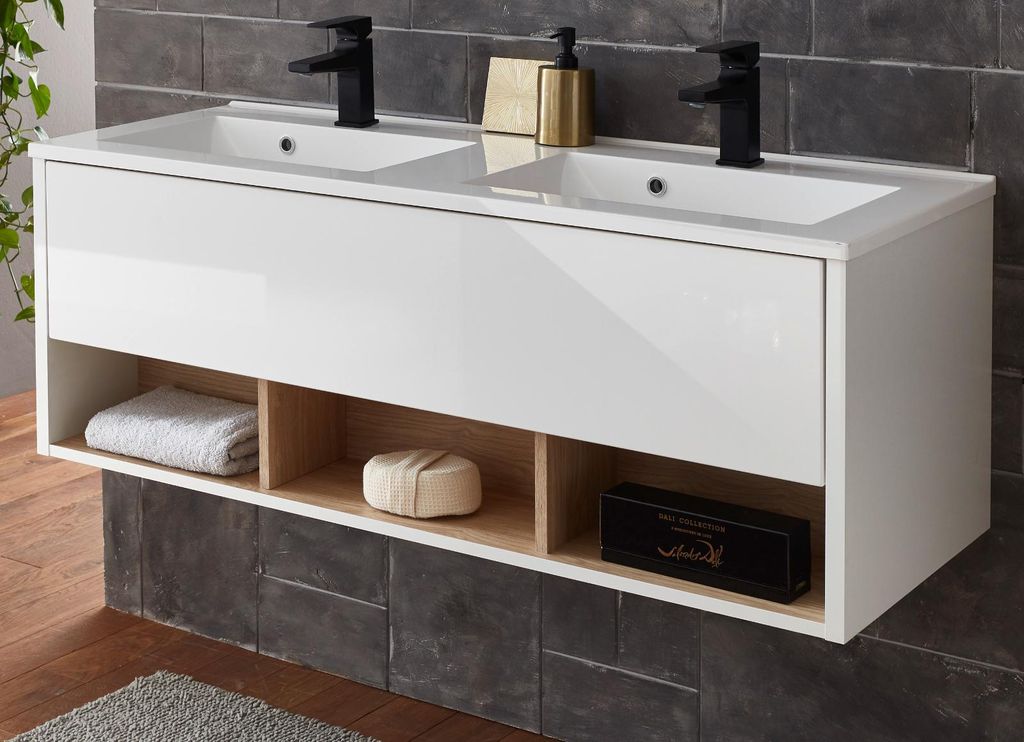 Waschbeckenunterschrank MIT Doppelwaschbecken "Glide" in weiß Hochglanz und Eiche 120 cm