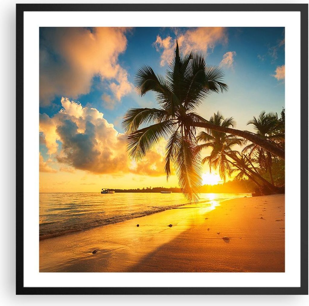 Gerahmtes Poster - Schwarzer Rahmen - Meer Strand Palme - 60x60 cm - Wand Bild - Wanddeko - Wandbilder - Kunstposter - Wandposter - Bilderrahmen - ...