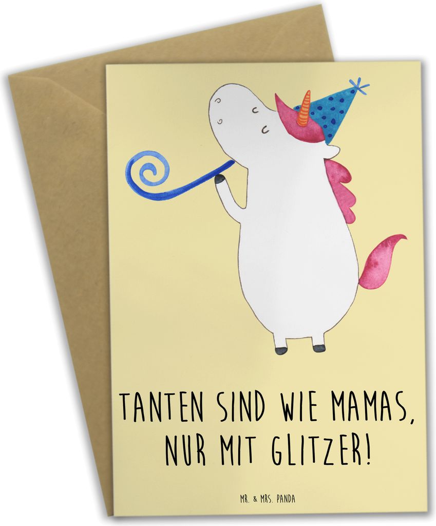 Mr. & Mrs. Panda Glückwunschkarte Glitzernde Tante - Gelb Pastell - Geschenk, Mutterrolle, Familie, weihnachtskarten, glückwunschkarten, Grußkar...