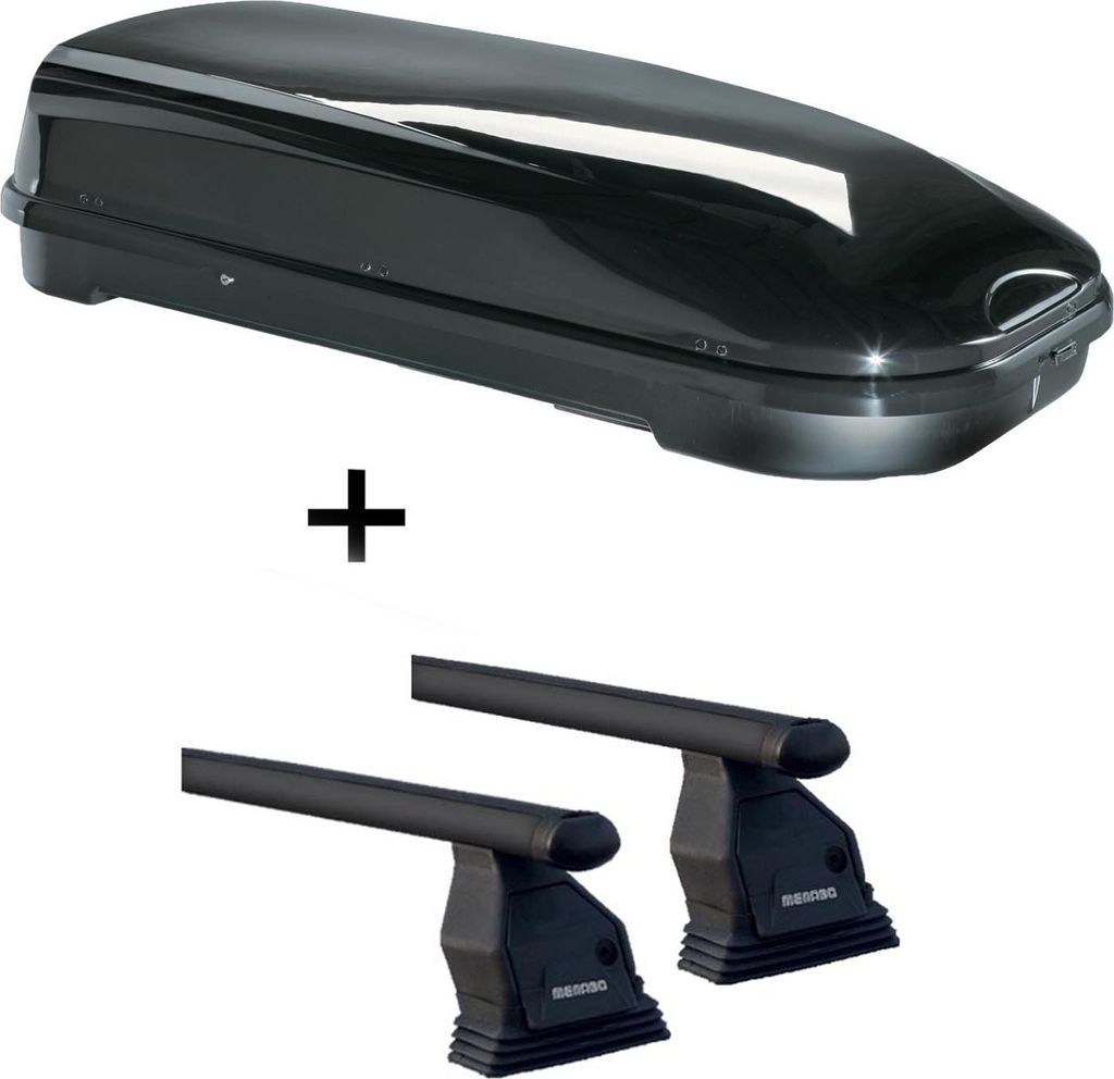 Dachbox VDPFL580 schwarz glänzend 580 Ltr + Dachträger Menabo Tema kompatibel mit für Mercedes B-Klasse W246 (Schrägheck 5 Türer) ab 2012 Stahl