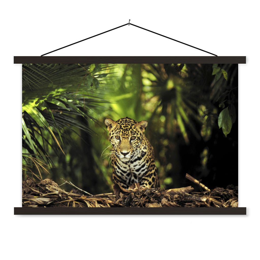 MuchoWow Textilposter Junger Jaguar im Dschungel 60x40 cm mit schwarzem Rahmen - Hölzernes