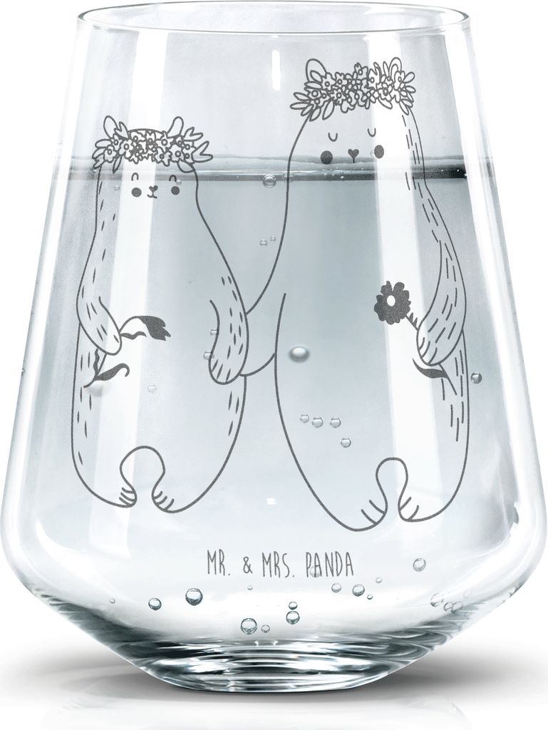 Mr. & Mrs. Panda Tumbler Glas Bären mit Blumenkranz - Transparent - Geschenk, Mutter, Trinkglas, Becherglas, Familie, Trinkgefäß, Wasserglas, Ma...