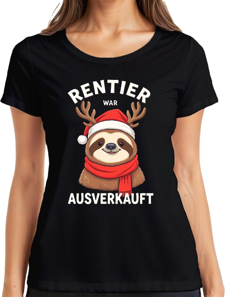 Rentier war t Faultier mit Geweih Weihnachtshut Damen T-Shirt, Schwarz, S