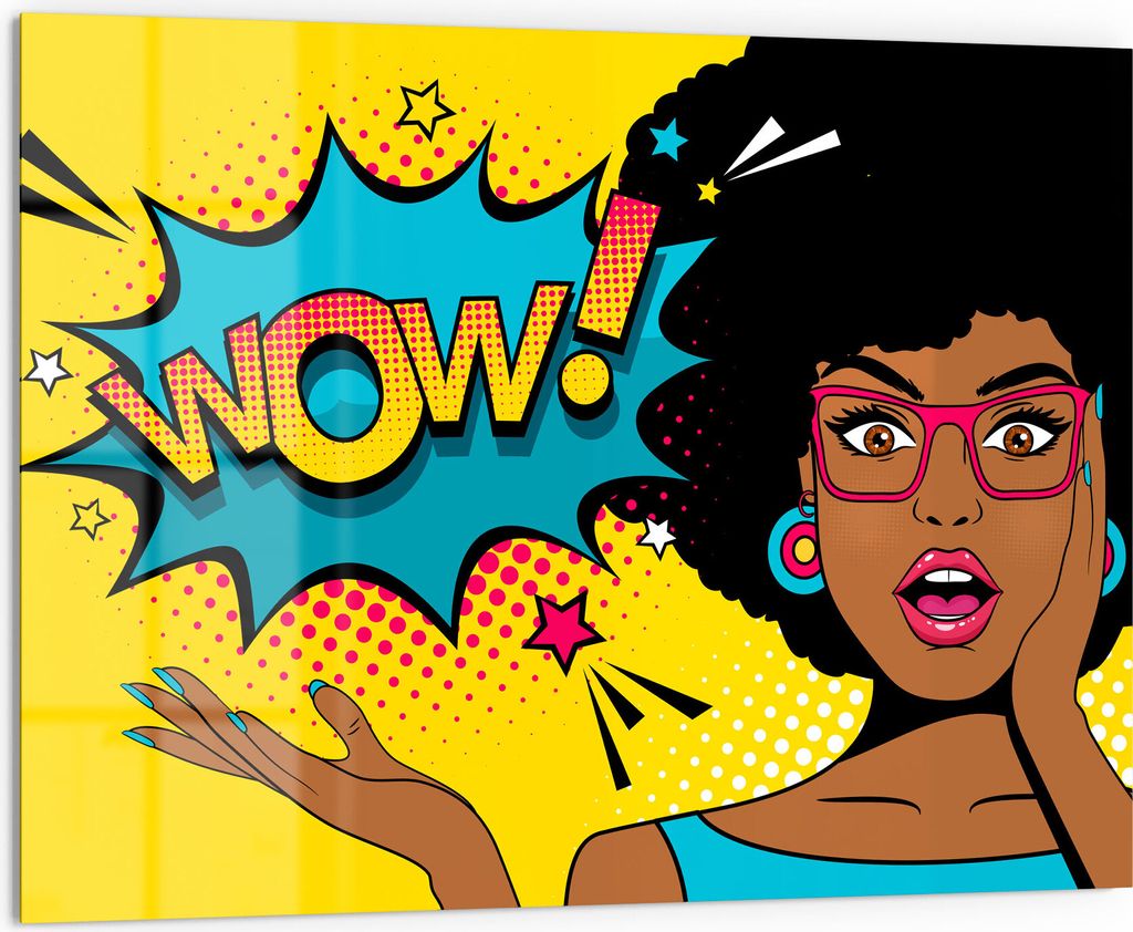 DEQORI Küchenrückwand Glas 80x60 cm 'Comic-Frau erstaunt: WOW' Spritzschutz Bad Rückwand