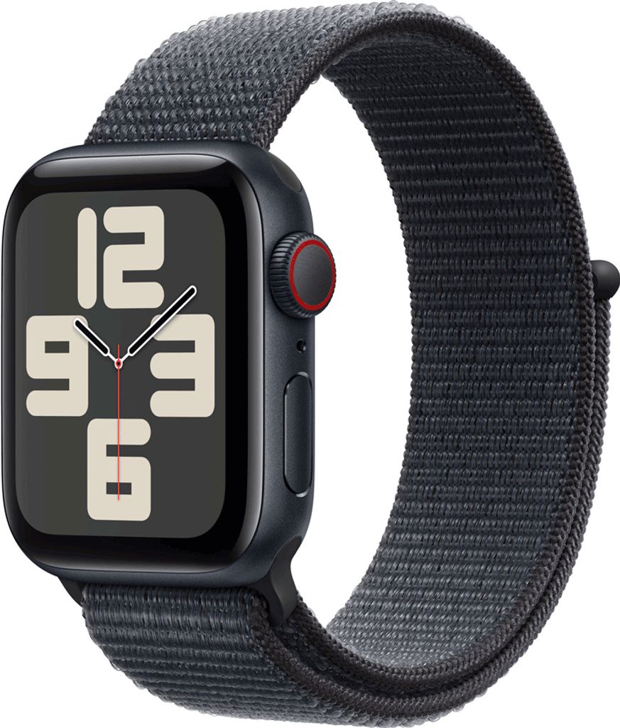 A close-up studio shot of an Apple Watch SE with a dark grey sport band.