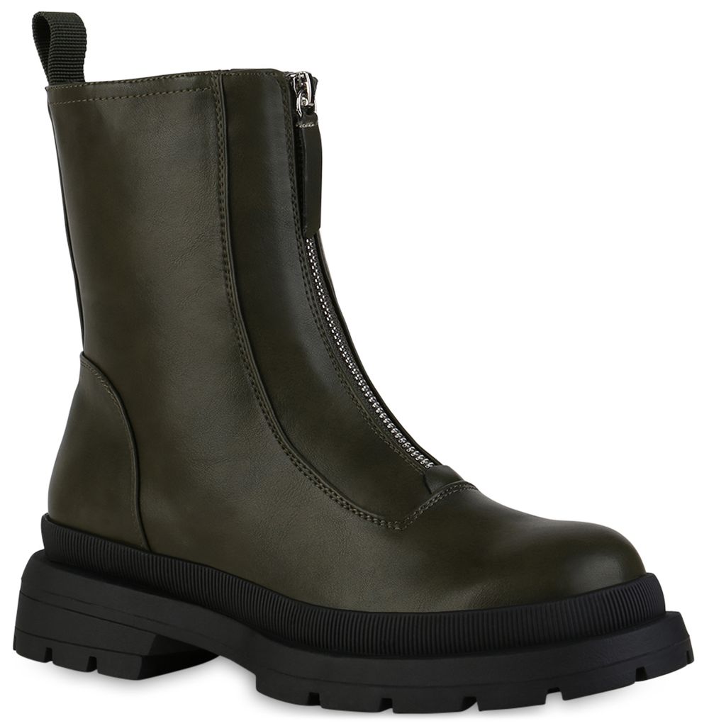 VAN HILL Damen Bikerstiefel Mit Blockabsatz - Stylische Reißverschluss Stiefel