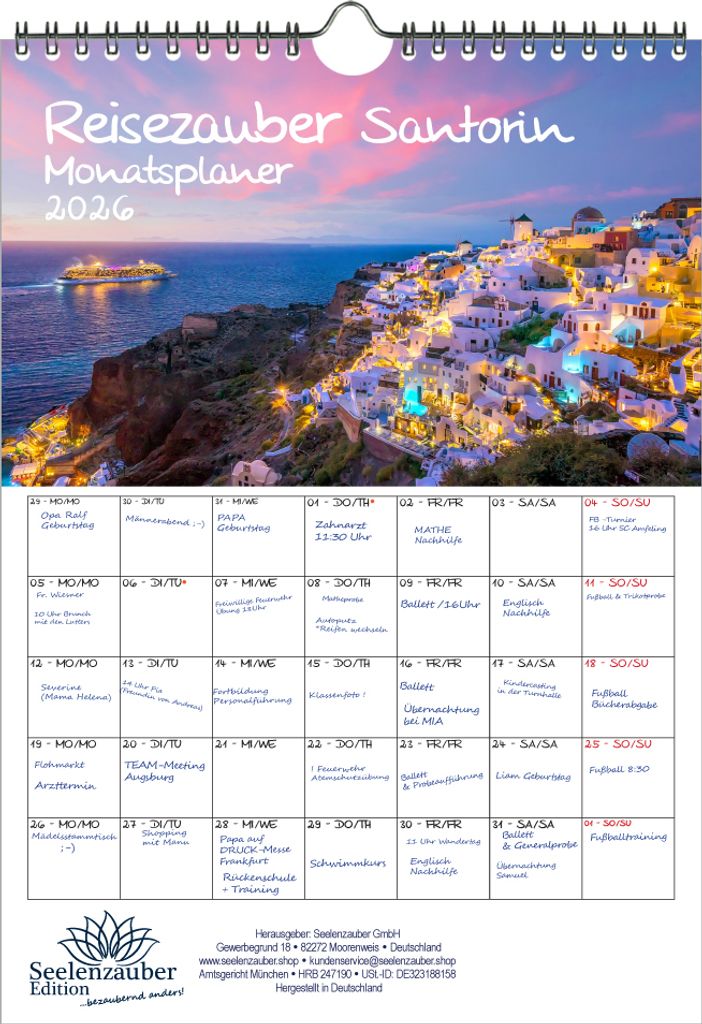 Reisezauber Santorin Planer DIN A4 Kalender für 2026 Fira Griechenland Meer Strand Urlaub - Seelenzauber